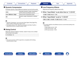 o Dynamic Compression
Compress dynamic range (difference between loud and soft sounds).
Auto:
Automatic dynamic range compression
on/off control according to source.
Low / Medium / High: These set the compression level.
Off:
Dynamic range compression is always
off.
0 “Dynamic Compression” can be set when Dolby Digital, Dolby Digital Plus,
Dolby TrueHD or Dolby Atmos signal is input.
0 The default setting is “Off”. When the input signal is the Dolby TrueHD or
Dolby Atmos source, the default setting is “Auto”.
o Dialog Control
Adjust the volume of dialog in movies, vocals in music, etc. so these
can be heard more easily.
0 – 6 (Default : 0)
0 This can be set when a DTS:X signal that is compatible with the Dialog
Controll function is input.
o Low Frequency Effects
Adjust the low frequency effects level (LFE).
n When “Input Mode” is set other than to “7.1CH IN”
-10 dB – 0 dB (Default : 0 dB)
n When “Input Mode” is set to “7.1CH IN”
0 dB / +5 dB / +10 dB / +15 dB (Default: +10 dB)
0 For proper playback of the different sources, we recommend setting to the
values below.
0 Dolby Digital sources : 0 dB
0 DTS movie sources : 0 dB
0 DTS music sources: -10 dB
Contents Connections Playback Settings Tips Appendix
162
Front panel Display Rear panel Remote Index
 