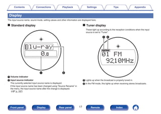 Display
The input source name, sound mode, setting values and other information are displayed here.
o Standard display
.
q w
A Volume indicator
B Input source indicator
The currently selected input source name is displayed.
If the input source name has been changed using “Source Rename” in
the menu, the input source name after the change is displayed.
(v p. 187)
o Tuner display
These light up according to the reception conditions when the input
source is set to “Tuner”.
.
e r
C Lights up when the broadcast is properly tuned in.
D In the FM mode, this lights up when receiving stereo broadcasts.
Contents Connections Playback Settings Tips Appendix
17
Front panel Display Rear panel Remote Index
 
