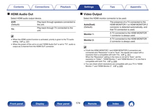 o HDMI Audio Out
Select HDMI audio output device.
AVR
(Default):
Play back through speakers connected to
the unit.
TV:
Play back through TV connected to the
unit.
0 When the HDMI control function is activated, priority is given to the TV audio
setting. (v p. 137)
0 When the power of this unit is on and “HDMI Audio Out” is set to “TV”, audio is
output as 2-channel from the HDMI OUT connector.
o Video Output
Select the HDMI monitor connector to be used.
Auto(Dual)
(Default):
The presence of a TV connected to the
HDMI MONITOR 1 or HDMI MONITOR 2
connector is detected automatically, and
that TV connection is used.
Monitor 1:
A TV connected to the HDMI MONITOR
1 connector is always used.
Monitor 2:
A TV connected to the HDMI MONITOR
2 connector is always used.
0 If both the HDMI MONITOR 1 and HDMI MONITOR 2 connectors are
connected and “Resolution” is set to “Auto”, the signals are output with a
resolution that is compatible with both TVs. (v p. 181)
When the “Resolution” setting in the menu is not set to “Auto”, set the
resolution in “Video” - “HDMI Monitor 1” and “HDMI Monitor 2” to one that is
compatible with both TVs. (v p. 228)
0 You can check which resolutions are compatible with your TV in “HDMI
Monitor 1” and “HDMI Monitor 2”. (v p. 228)
Contents Connections Playback Settings Tips Appendix
174
Front panel Display Rear panel Remote Index
 