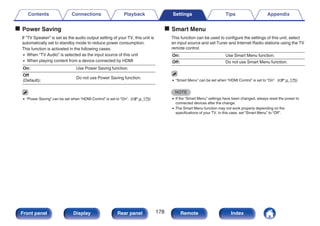 o Power Saving
If “TV Speaker” is set as the audio output setting of your TV, this unit is
automatically set to standby mode to reduce power consumption.
This function is activated in the following cases.
0 When “TV Audio” is selected as the input source of this unit
0 When playing content from a device connected by HDMI
On: Use Power Saving function.
Off
(Default):
Do not use Power Saving function.
0 “Power Saving” can be set when “HDMI Control” is set to “On”. (v p. 175)
o Smart Menu
This function can be used to configure the settings of this unit, select
an input source and set Tuner and Internet Radio stations using the TV
remote control.
On: Use Smart Menu function.
Off: Do not use Smart Menu function.
0 “Smart Menu” can be set when “HDMI Control” is set to “On”. (v p. 175)
NOTE
0 If the “Smart Menu” settings have been changed, always reset the power to
connected devices after the change.
0 The Smart Menu function may not work properly depending on the
specifications of your TV. In this case, set “Smart Menu” to “Off”.
Contents Connections Playback Settings Tips Appendix
178
Front panel Display Rear panel Remote Index
 