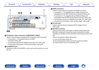 .
u
y
t
o
i
E Component video connectors (COMPONENT VIDEO)
Used to connect devices equipped with component video connectors.
0 “Connection 3 : TV equipped without an HDMI
connector” (v p. 53)
0 “Connecting a set-top box (Satellite tuner/cable TV)” (v p. 55)
0 “Connecting a DVD player or Blu-ray Disc player” (v p. 56)
F FLASHER IN jack
Used when using a control BOX or other such control devices to control
this unit.
G HDMI connectors
Used to connect devices equipped with HDMI connectors.
0 “Connection 1 : TV equipped with an HDMI connector and
compatible with the ARC (Audio Return Channel)” (v p. 51)
0 “Connection 2 : TV equipped with an HDMI connector and
incompatible with the ARC (Audio Return Channel)” (v p. 52)
0 “Connecting a set-top box (Satellite tuner/cable TV)” (v p. 55)
0 “Connecting a DVD player or Blu-ray Disc player” (v p. 56)
H DC OUT jack
Used to connect devices equipped with the trigger function.
(v p. 66)
I RS-232C connector
Used to connect home automation controller devices fitted with
RS-232C connectors. Consult the owner’s manual of the home
automation controller for more information about serial control of this
unit.
Perform the operation below beforehand.
A Turn on the power of this unit.
B Turn off the power of this unit from the external controller.
C Check that the unit is in the standby mode.
Contents Connections Playback Settings Tips Appendix
21
Front panel Display Rear panel Remote Index
 