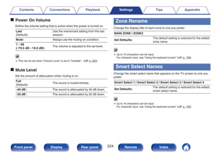 o Power On Volume
Define the volume setting that is active when the power is turned on.
Last
(Default):
Use the memorized setting from the last
session.
Mute: Always use the muting on condition.
1 – 98
(–79.5 dB – 18.0 dB):
The volume is adjusted to the set level.
0 This can be set when “Volume Level” is set to “Variable”. (v p. 223)
o Mute Level
Set the amount of attenuation when muting is on.
Full
(Default):
The sound is muted entirely.
–40 dB : The sound is attenuated by 40 dB down.
–20 dB : The sound is attenuated by 20 dB down.
Zone Rename
Change the display title of each zone to one you prefer.
MAIN ZONE / ZONE2
Set Defaults:
The default setting is restored for the edited
zone name.
0 Up to 10 characters can be input.
For character input, see “Using the keyboard screen” (v p. 159).
Smart Select Names
Change the smart select name that appears on the TV screen to one you
prefer.
Smart Select 1 / Smart Select 2 / Smart Select 3 / Smart Select 4
Set Defaults:
The default setting is restored for the edited
smart select name.
0 Up to 16 characters can be input.
For character input, see “Using the keyboard screen” (v p. 159).
Contents Connections Playback Settings Tips Appendix
224
Front panel Display Rear panel Remote Index
 