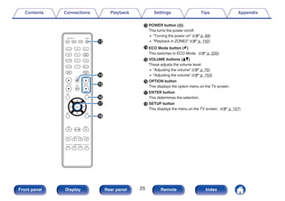 M POWER button (X)
This turns the power on/off.
0 “Turning the power on” (v p. 69)
0 “Playback in ZONE2” (v p. 152)
N ECO Mode button (G)
This switches to ECO Mode. (v p. 220)
O VOLUME buttons (df)
These adjusts the volume level.
0 “Adjusting the volume” (v p. 70)
0 “Adjusting the volume” (v p. 153)
P OPTION button
This displays the option menu on the TV screen.
Q ENTER button
This determines the selection.
R SETUP button
This displays the menu on the TV screen. (v p. 157)
Q3
Q5
Q4
Q8
Q6
Q7
Contents Connections Playback Settings Tips Appendix
25
Front panel Display Rear panel Remote Index
 