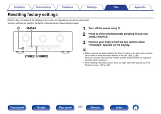 Resetting factory settings
Perform this procedure if the display is abnormal or if operations cannot be performed.
Various settings are reset to the factory default values. Make settings again.
.
X
ZONE2 SOURCE
M-DAX 1 Turn off the power using X.
2 Press X while simultaneously pressing M-DAX and
ZONE2 SOURCE.
3 Remove your fingers from the two buttons when
“Initialized” appears on the display.
0 Before restoring the default setting, the “Save” function of the web control function
can be used to store the various settings of the unit. (v p. 146)
However, account information for network content and information on registered
favorites cannot be stored.
0 When deleting a Pandora account, carry out steps 1 to 3 after signing out in the
Pandora service. (v p. 106)
Contents Connections Playback Settings Tips Appendix
251
Front panel Display Rear panel Remote Index
 