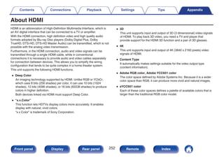 About HDMI
HDMI is an abbreviation of High-Definition Multimedia Interface, which is
an AV digital interface that can be connected to a TV or amplifier.
With the HDMI connection, high definition video and high quality audio
formats adopted by Blu-ray Disc players (Dolby Digital Plus, Dolby
TrueHD, DTS-HD, DTS-HD Master Audio) can be transmitted, which is not
possible with the analog video transmission.
Furthermore, in the HDMI connection, audio and video signals can be
transmitted through a single HDMI cable, while in conventional
connections it is necessary to provide audio and video cables separately
for connection between devices. This allows you to simplify the wiring
configuration that tends to be quite complex in a home theater system.
This unit supports the following HDMI functions.
0 Deep Color
An imaging technology supported by HDMI. Unlike RGB or YCbCr,
which uses 8 bits (256 shades) per color, it can use 10 bits (1024
shades), 12 bits (4096 shades), or 16 bits (65536 shades) to produce
colors in higher definition.
Both devices linked via HDMI must support Deep Color.
0 “x.v.Color”
This function lets HDTVs display colors more accurately. It enables
display with natural, vivid colors.
“x.v.Color” is trademark of Sony Corporation.
0 3D
This unit supports input and output of 3D (3 dimensional) video signals
of HDMI. To play back 3D video, you need a TV and player that
provide support for the HDMI 3D function and a pair of 3D glasses.
0 4K
This unit supports input and output of 4K (3840 x 2160 pixels) video
signals of HDMI.
0 Content Type
It automatically makes settings suitable for the video output type
(content information).
0 Adobe RGB color, Adobe YCC601 color
The color space defined by Adobe Systems Inc. Because it is a wider
color space than RGB, it can produce more vivid and natural images.
0 sYCC601 color
Each of these color spaces defines a palette of available colors that is
larger than the traditional RGB color model.
Contents Connections Playback Settings Tips Appendix
Appendix
252
Front panel Display Rear panel Remote Index
 
