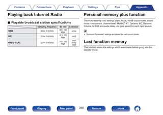 Playing back Internet Radio
o Playable broadcast station specifications
Sampling frequency Bit rate Extension
WMA 32/44.1/48 kHz
48 – 192
kbps .wma
MP3 32/44.1/48 kHz
32 – 320
kbps
.mp3
MPEG-4 AAC 32/44.1/48 kHz
16 – 320
kbps
.aac/
.m4a/
.mp4
Personal memory plus function
The most recently used settings (input mode, HDMI output mode, sound
mode, tone control, channel level, MultEQ® XT, Dynamic EQ, Dynamic
Volume, M-DAX and audio delay, etc.) are saved for each input source.
0 “Surround Parameter” settings are stored for each sound mode.
Last function memory
This function stores the settings which were made before going into the
standby mode.
Contents Connections Playback Settings Tips Appendix
260
Front panel Display Rear panel Remote Index
 