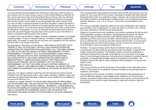 You may distribute the Executable Files and Source Code only under the terms of
this License, and You must include a copy of, or the Uniform Resource Identifier for,
this License with every copy of the Executable Files or Source Code You distribute
and ensure that anyone receiving such Executable Files and Source Code agrees
that the terms of this License apply to such Executable Files and/or Source Code.
You may not offer or impose any terms on the Work that alter or restrict the terms of
this License or the recipients’ exercise of the rights granted hereunder. You may not
sublicense the Work. You must keep intact all notices that refer to this License and to
the disclaimer of warranties. You may not distribute the Executable Files or Source
Code with any technological measures that control access or use of the Work in a
manner inconsistent with the terms of this License.
You agree not to use the Work for illegal, immoral or improper purposes, or on pages
containing illegal, immoral or improper material. The Work is subject to applicable
export laws. You agree to comply with all such laws and regulations that may apply to
the Work after Your receipt of the Work.
Representations, Warranties and Disclaimer. THIS WORK IS PROVIDED “AS IS”,
“WHERE IS” AND “AS AVAILABLE”, WITHOUT ANY EXPRESS OR IMPLIED
WARRANTIES OR CONDITIONS OR GUARANTEES. YOU, THE USER, ASSUME
ALL RISK IN ITS USE, INCLUDING COPYRIGHT INFRINGEMENT, PATENT
INFRINGEMENT, SUITABILITY, ETC. AUTHOR EXPRESSLY DISCLAIMS ALL
EXPRESS, IMPLIED OR STATUTORY WARRANTIES OR CONDITIONS,
INCLUDING WITHOUT LIMITATION, WARRANTIES OR CONDITIONS OF
MERCHANTABILITY, MERCHANTABLE QUALITY OR FITNESS FOR A
PARTICULAR PURPOSE, OR ANY WARRANTY OF TITLE OR NON-
INFRINGEMENT, OR THAT THE WORK (OR ANY PORTION THEREOF) IS
CORRECT, USEFUL, BUG-FREE OR FREE OF VIRUSES. YOU MUST PASS THIS
DISCLAIMER ON WHENEVER YOU DISTRIBUTE THE WORK OR DERIVATIVE
WORKS.
Indemnity. You agree to defend, indemnify and hold harmless the Author and the
Publisher from and against any claims, suits, losses, damages, liabilities, costs, and
expenses (including reasonable legal or attorneys’ fees) resulting from or relating to
any use of the Work by You.
Limitation on Liability. EXCEPT TO THE EXTENT REQUIRED BY APPLICABLE
LAW, IN NO EVENT WILL THE AUTHOR OR THE PUBLISHER BE LIABLE TO YOU
ON ANY LEGAL THEORY FOR ANY SPECIAL, INCIDENTAL, CONSEQUENTIAL,
PUNITIVE OR EXEMPLARY DAMAGES ARISING OUT OF THIS LICENSE OR THE
USE OF THE WORK OR OTHERWISE, EVEN IF THE AUTHOR OR THE
PUBLISHER HAS BEEN ADVISED OF THE POSSIBILITY OF SUCH DAMAGES.
Termination.
This License and the rights granted hereunder will terminate automatically upon any
breach by You of any term of this License. Individuals or entities who have received
Derivative Works from You under this License, however, will not have their licenses
terminated provided such individuals or entities remain in full compliance with those
licenses. Sections 1, 2, 6, 7, 8, 9, 10 and 11 will survive any termination of this
License.
If You bring a copyright, trademark, patent or any other infringement claim against
any contributor over infringements You claim are made by the Work, your License
from such contributor to the Work ends automatically.
Subject to the above terms and conditions, this License is perpetual (for the duration
of the applicable copyright in the Work). Notwithstanding the above, the Author
reserves the right to release the Work under different license terms or to stop
distributing the Work at any time; provided, however that any such election will not
serve to withdraw this License (or any other license that has been, or is required to
be, granted under the terms of this License), and this License will continue in full
force and effect unless terminated as stated above.
Publisher. The parties hereby confirm that the Publisher shall not, under any
circumstances, be responsible for and shall not have any liability in respect of the
subject matter of this License. The Publisher makes no warranty whatsoever in
connection with the Work and shall not be liable to You or any party on any legal
theory for any damages whatsoever, including without limitation any general, special,
incidental or consequential damages arising in connection to this license. The
Publisher reserves the right to cease making the Work available to You at any time
without notice
Miscellaneous
This License shall be governed by the laws of the location of the head office of the
Author or if the Author is an individual, the laws of location of the principal place of
residence of the Author.
If any provision of this License is invalid or unenforceable under applicable law, it
shall not affect the validity or enforceability of the remainder of the terms of this
License, and without further action by the parties to this License, such provision shall
be reformed to the minimum extent necessary to make such provision valid and
enforceable.
Contents Connections Playback Settings Tips Appendix
289
Front panel Display Rear panel Remote Index
 