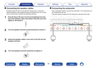 o Connecting the speaker cables
Carefully check the left (L) and right (R) channels and + (red) and –
(black) polarities on the speakers being connected to this unit, and be
sure to connect the channels and polarities correctly.
1 Peel off about 3/8 inch (10 mm) of sheathing from the
tip of the speaker cable, then either twist the core wire
tightly or terminate it.
.
2 Turn the speaker terminal counterclockwise to loosen it.
.
3 Insert the speaker cable’s core wire to the hilt into the
speaker terminal.
.
4 Turn the speaker terminal clockwise to tighten it.
.
o Connecting the subwoofer
Use a subwoofer cable to connect the subwoofer. Two subwoofers can
be connected to this unit.
The same signal is output from the respective subwoofer terminals.
.
SW1 SW2
Contents Connections Playback Settings Tips Appendix
35
Front panel Display Rear panel Remote Index
 
