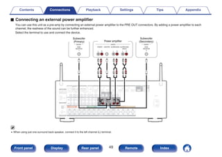 o Connecting an external power amplifier
You can use this unit as a pre-amp by connecting an external power amplifier to the PRE OUT connectors. By adding a power amplifier to each
channel, the realness of the sound can be further enhanced.
Select the terminal to use and connect the device.
.
L
L
L
L
L
L
R R R
R
R R
CENTER SURROUND
BACK
R
L
SURROUND
R
L
FRONT
R
L
AUDIO
SUB-
WOOFER
2
AUDIO
SUB-
WOOFER
1
AUDIO
Power amplifier
Subwoofer
(Primary)
Subwoofer
(Secondary)
0 When using just one surround back speaker, connect it to the left channel (L) terminal.
Contents Connections Playback Settings Tips Appendix
49
Front panel Display Rear panel Remote Index
 