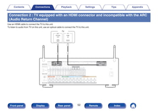 Connection 2 : TV equipped with an HDMI connector and incompatible with the ARC
(Audio Return Channel)
Use an HDMI cable to connect the TV to this unit.
To listen to audio from TV on this unit, use an optical cable to connect the TV to this unit.
.
OUT
OPTICAL
OUT IN
IN
HDMI
TV
Contents Connections Playback Settings Tips Appendix
52
Front panel Display Rear panel Remote Index
 