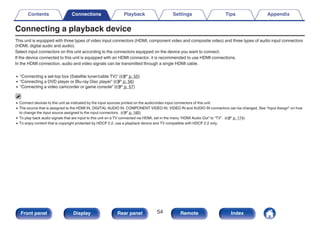 Connecting a playback device
This unit is equipped with three types of video input connectors (HDMI, component video and composite video) and three types of audio input connectors
(HDMI, digital audio and audio).
Select input connectors on this unit according to the connectors equipped on the device you want to connect.
If the device connected to this unit is equipped with an HDMI connector, it is recommended to use HDMI connections.
In the HDMI connection, audio and video signals can be transmitted through a single HDMI cable.
0 “Connecting a set-top box (Satellite tuner/cable TV)” (v p. 55)
0 “Connecting a DVD player or Blu-ray Disc player” (v p. 56)
0 “Connecting a video camcorder or game console” (v p. 57)
0 Connect devices to this unit as indicated by the input sources printed on the audio/video input connectors of this unit.
0 The source that is assigned to the HDMI IN, DIGITAL AUDIO IN, COMPONENT VIDEO IN, VIDEO IN and AUDIO IN connectors can be changed. See “Input Assign” on how
to change the input source assigned to the input connectors. (v p. 185)
0 To play back audio signals that are input to this unit on a TV connected via HDMI, set in the menu “HDMI Audio Out” to “TV”. (v p. 174)
0 To enjoy content that is copyright protected by HDCP 2.2, use a playback device and TV compatible with HDCP 2.2 only.
Contents Connections Playback Settings Tips Appendix
54
Front panel Display Rear panel Remote Index
 