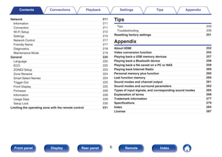Network 211
Information 211
Connection 211
Wi-Fi Setup 212
Settings 215
Network Control 217
Friendly Name 217
Diagnostics 218
Maintenance Mode 219
General 220
Language 220
ECO 220
ZONE2 Setup 223
Zone Rename 224
Smart Select Names 224
Trigger Out 225
Front Display 225
Firmware 226
Information 228
Usage Data 229
Setup Lock 230
Limiting the operating zone with the remote control 231
Tips
Tips 233
Troubleshooting 235
Resetting factory settings 251
Appendix
About HDMI 252
Video conversion function 255
Playing back a USB memory devices 257
Playing back a Bluetooth device 258
Playing back a file saved on a PC or NAS 259
Playing back Internet Radio 260
Personal memory plus function 260
Last function memory 260
Sound modes and channel output 261
Sound modes and surround parameters 262
Types of input signals, and corresponding sound modes 265
Explanation of terms 268
Trademark information 277
Specifications 279
Index 284
License 287
Contents Connections Playback Settings Tips Appendix
6
Front panel Display Rear panel Remote Index
 