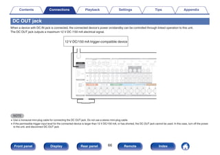 DC OUT jack
When a device with DC IN jack is connected, the connected device’s power on/standby can be controlled through linked operation to this unit.
The DC OUT jack outputs a maximum 12 V DC /150 mA electrical signal.
.
12 V DC/150 mA trigger-compatible device
NOTE
0 Use a monaural mini-plug cable for connecting the DC OUT jack. Do not use a stereo mini-plug cable.
0 If the permissible trigger input level for the connected device is larger than 12 V DC/150 mA, or has shorted, the DC OUT jack cannot be used. In this case, turn off the power
to the unit, and disconnect DC OUT jack.
Contents Connections Playback Settings Tips Appendix
66
Front panel Display Rear panel Remote Index
 