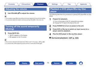 Adjusting the volume
1 Use VOLUME df to adjust the volume.
0 The variable range differs according to the input signal and channel level setting.
0 You can also adjust the master volume by turning VOLUME on the main unit.
Turning off the sound temporarily
(Muting)
1 Press MUTE :.
0 “MUTE” appears on the display.
0 : appears on the TV screen.
0 The sound is reduced to the level set at “Mute Level” in the menu. (v p. 166)
0 To cancel mute, either adjust the sound volume or press MUTE : again.
Playback a DVD player/Blu-ray Disc
player
The following describes the procedure for playing DVD player/Blu-ray Disc
player.
1 Prepare for playback.
A Turn on the power of the TV, subwoofer and player.
B Change the TV input to the input of this unit.
2 Press POWER X to turn on power to the unit.
3 Press DVD or Blu-ray to switch an input source for a
player used for playback.
4 Play the DVD player or Blu-ray Disc player.
o Surround playback (v p. 125)
Contents Connections Playback Settings Tips Appendix
70
Front panel Display Rear panel Remote Index
 