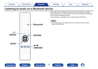 Listening to music on a Bluetooth device
.
CBL/SAT
GAME
DVD
AUX1 MEDIA
PLAYER
Blu-ray
TV AUDIO
iPod/USB
TUNER
INTERNET
RADIO
ONLINE
MUSIC
AUX2
CD
SETUP
SOUND MODE
TUNE +
-
TUNE
SMART SELECT
1 2 3 4
PURE
MOVIE GAME
MUSIC
INFO
CH / PAGE VOLUME
MUTE
ECO
ZONE SELECT
SLEEP
MAIN ZONE2
POWER
BACK
ENTER
OPTION
Bluetooth
1/3
8 9
ui
ENTER OPTION
Bluetooth
BACK
Music files stored on Bluetooth devices such as smartphones, digital
music players, etc. can be enjoyed on this unit by pairing and connecting
this unit with the Bluetooth device.
Communication is possible up to a range of about 32.8 ft/10 m.
NOTE
0 To play back music from a Bluetooth device, the Bluetooth device needs to
support the A2DP profile.
Contents Connections Playback Settings Tips Appendix
79
Front panel Display Rear panel Remote Index
 