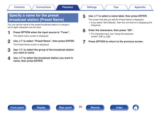 Specify a name for the preset
broadcast station (Preset Name)
You can set the name to the preset broadcast station or change it.
Up to eight characters can be input.
1 Press OPTION when the input source is “Tuner”.
The option menu screen is displayed.
2 Use ui to select “Preset Name”, then press ENTER.
The Preset Name screen is displayed.
3 Use o p to select the group of the broadcast station
you want to name.
4 Use ui to select the broadcast station you want to
name, then press ENTER.
5 Use ui to select a name label, then press ENTER.
The screen that lets you edit the Preset Name is displayed.
0 If you select “Set Defaults”, then the unit returns to displaying the
frequency.
6 Enter the characters, then press “OK”.
0 For character input, see “Using the keyboard
screen” (v p. 159).
7 Press OPTION to return to the previous screen.
Contents Connections Playback Settings Tips Appendix
89
Front panel Display Rear panel Remote Index
 