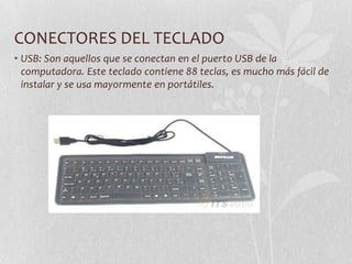 CONECTORES DEL TECLADO
• USB: Son aquellos que se conectan en el puerto USB de la
computadora. Este teclado contiene 88 teclas, es mucho más fácil de
instalar y se usa mayormente en portátiles.
 