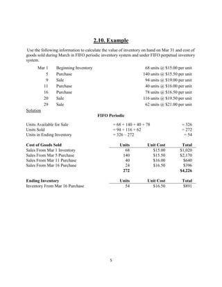 5
2.10. Example
Use the following information to calculate the value of inventory on hand on Mar 31 and cost of
goods sold during March in FIFO periodic inventory system and under FIFO perpetual inventory
system.
Mar 1 Beginning Inventory 68 units @ $15.00 per unit
5 Purchase 140 units @ $15.50 per unit
9 Sale 94 units @ $19.00 per unit
11 Purchase 40 units @ $16.00 per unit
16 Purchase 78 units @ $16.50 per unit
20 Sale 116 units @ $19.50 per unit
29 Sale 62 units @ $21.00 per unit
Solution
FIFO Periodic
Units Available for Sale = 68 + 140 + 40 + 78 = 326
Units Sold = 94 + 116 + 62 = 272
Units in Ending Inventory = 326 – 272 = 54
Cost of Goods Sold Units Unit Cost Total
Sales From Mar 1 Inventory 68 $15.00 $1,020
Sales From Mar 5 Purchase 140 $15.50 $2,170
Sales From Mar 11 Purchase 40 $16.00 $640
Sales From Mar 16 Purchase 24 $16.50 $396
272 $4,226
Ending Inventory Units Unit Cost Total
Inventory From Mar 16 Purchase 54 $16.50 $891
 