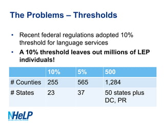 The Problems – Thresholds
• Recent federal regulations adopted 10%
threshold for language services
• A 10% threshold leaves out millions of LEP
individuals!
10%

5%

500

# Counties

255

565

1,284

# States

23

37

50 states plus
DC, PR

 