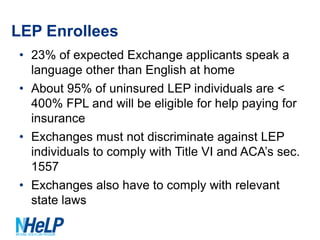 LEP Enrollees
• 23% of expected Exchange applicants speak a
language other than English at home
• About 95% of uninsured LEP individuals are <
400% FPL and will be eligible for help paying for
insurance
• Exchanges must not discriminate against LEP
individuals to comply with Title VI and ACA’s sec.
1557
• Exchanges also have to comply with relevant
state laws

 
