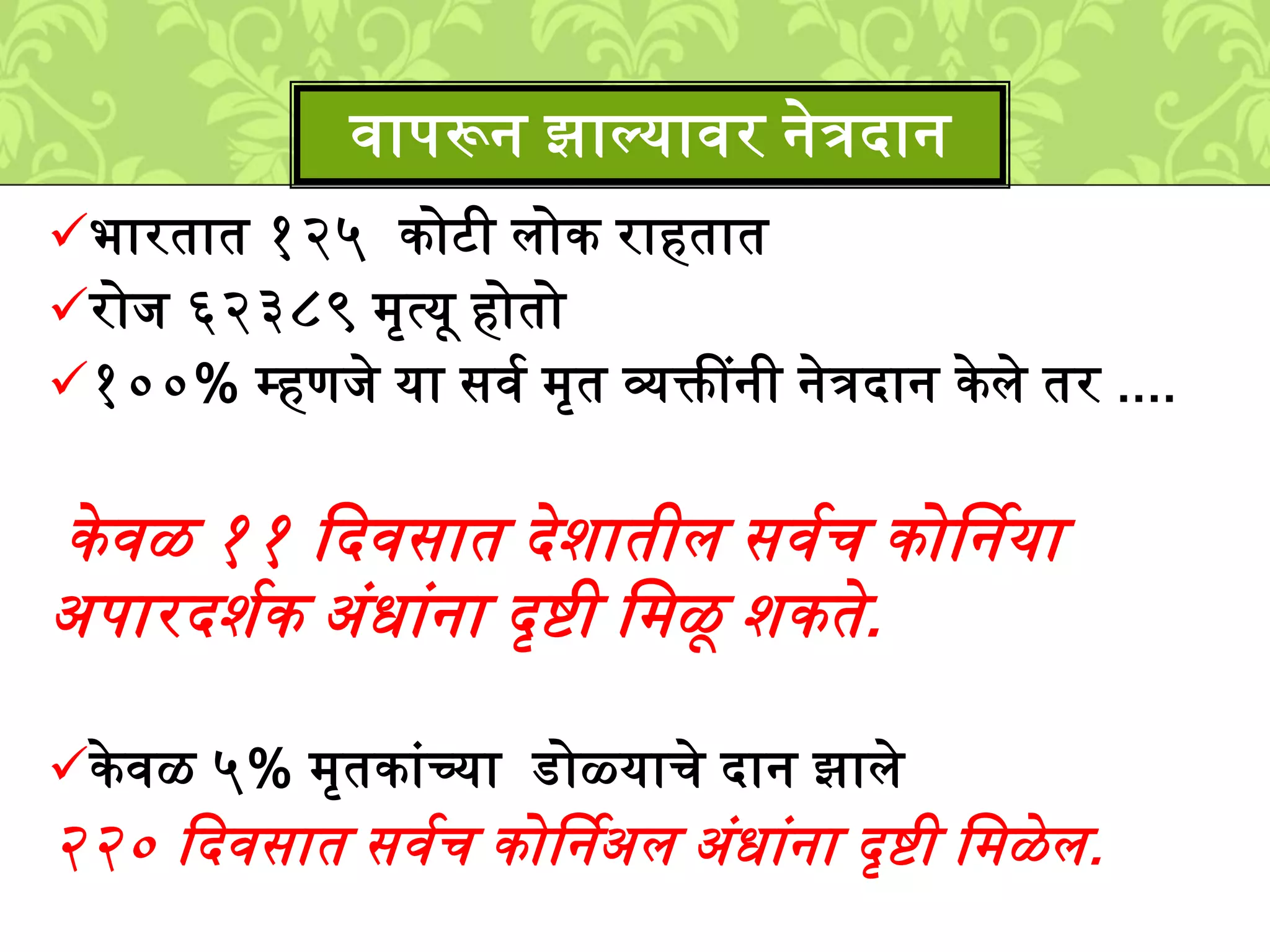 भारतात १२५ कोटी िोक राहतात
रोि ६२३८९ ्ृत्यू होतो
१००% म्हणिे या सवश ्ृत व्यक्तींनी नेत्रदान के िे तर ....
केवळ ११ कदवसात देिातीि सवशच कोर्षनया
अपारदिशक अुंधाुंना दृिी ल्ळू िकते.
के वळ ५% ्ृतकाुंच्या डोळ्याचे दान झािे
२२० कदवसात सवशच कोर्षनअि अुंधाुंना दृिी ल्ळेि.
वापरून झाल्यावर नेत्रदान