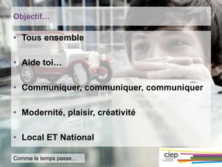 Objectif…
• Tous ensemble
• Aide toi…
• Communiquer, communiquer, communiquer
• Modernité, plaisir, créativité
• Local ET National
Comme le temps passe…
 