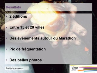 Résultats
• 2 éditions
• Entre 15 et 20 villes
• Des évènements autour du Marathon
• Pic de fréquentation
• Des belles photos
Petits bonheurs
 