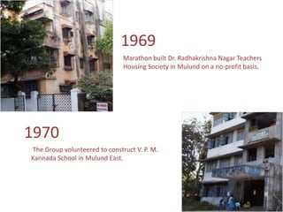 1969
                               Marathon built Dr. Radhakrishna Nagar Teachers
                               Housing Society in Mulund on a no-profit basis.




1970
The Group volunteered to construct V. P. M.
Kannada School in Mulund East.
 