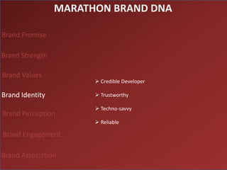MARATHON BRAND DNA

Brand Promise

Brand Strength

Brand Values
                        Credible Developer

Brand Identity          Trustworthy

                        Techno-savvy
Brand Perception
                        Reliable

Brand Engagement

Brand Association
 