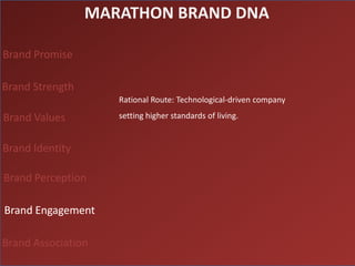 MARATHON BRAND DNA

Brand Promise

Brand Strength
                    Rational Route: Technological-driven company

Brand Values        setting higher standards of living.


Brand Identity

Brand Perception

Brand Engagement

Brand Association
 