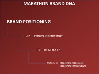 MARATHON BRAND DNA


BRAND POSITIONING

       USP   Deploying latest technology




                TG    Sec B, Sec A & A+




                         Statement    Redefining real estate
                                      Redefining Infrastructure
 