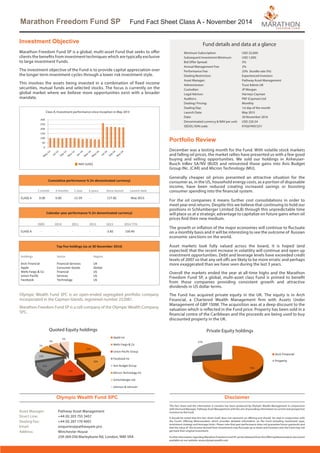 Marathon Freedom Fund SP Fund Fact Sheet Class A - November 2014
Cumulative performance % (in denominated currency)
1 month 3 months 1 year 3 years Since launch Launch date
CLASS A 0.00 0.00 -11.59 - 117.82 May 2013
Calendar year performance % (in denominated currency)
2009 2010 2011 2012 2013 2014 YTD
CLASS A - - - - -2.82 130.40
Top five holdings (as at 30 November 2014)
Holdings Sector Region
Arch Financial Financial Services UK
Apple Consumer Goods Global
Wells Fargo & Co Financial US
Union Pacific Services US
Facebook Technology US
0
50
100
150
200
250
300
CLASS A: Investment performance
since inception in May 2013
Minimum Subscription:		 USD 25,000
Subsequent Investment Minimum:	 USD 1,000
Bid Offer Spread:		 5%
Annual Management Fee: 		 2%
Performance Fee:		 25% (hurdle rate 5%)
Dealing Restriction:		 Experienced Investors
Asset Manager:		 Pathway Asset Management
Administrator:		 Trust Admin UK
Custodian:			JP Morgan
Legal Advisor:		 Harneys Cayman
Auditors:			 PKF (Cayman) Ltd
Dealing/ Pricing:		 Monthly
Dealing Day:			 1st day of the month
Launch Date:			 May 2013
Date:			 30 November 2014
Denominated currency & NAV per unit:	 USD 220.54
SEDOL/ISIN code:		 KYG674931251
Fund details and data at a glance
Olympic Wealth Fund SPC
0
50
100
150
200
Jul-11
Oct-11
Dec-11
Feb-12
Apr-12
Jun-12
Aug-12
Oct-12
Dec-12
Feb-13
Apr-13
Jun-13
Aug-13
Oct-13
Dec-13
Feb-14
Apr-14
Jun-14
Jul-14
Oct-14
Nov-14
CLASS A: Investment performance since
inception in July 2011
NAV (USD)
22%
20%
17%
11%
11%
7%
6%
6%
Apple Inc
Wells Fargo & Co
Union Pacific Group
Facebook Inc
Avis Budget Group
Micron Technology Inc
Schlumberger Ltd
Johnson & Johnson
Quoted Equity holdings Private Equity holdings
73%
27%
Arch Financial
Property
Portfolio Review
December was a testing month for the Fund. With volatile stock markets
and falling oil prices, the market rallies have presented us with a few good
buying and selling opportunities. We sold our holdings in Anheuser-
Busch InBev SA/NV (BUD) and reinvested those gains into Avis Budget
Group INc. (CAR) and Micron Technology (MU).
Generally cheaper oil prices presented an attractive situation for the
consumer as, in the US, household energy costs, as a portion of disposable
income, have been reduced creating increased savings or boosting
consumer spending into the financial system.
For the oil companies it means further cost consolidations in order to
meet year end returns. Despite this we believe that continuing to hold our
positions in Schlumberger Limited (SLB) through this unpredictable time
will place us at a strategic advantage to capitalize on future gains when oil
prices find their new medium.
The growth or inflation of the major economies will continue to fluctuate
on a monthly basis and it will be interesting to see the outcome of Russian
economic sanctions on the world.
Asset markets look fully valued across the board, it is hoped (and
expected) that the recent increase in volatility will continue and open up
investment opportunities. Debt and leverage levels have exceeded credit
levels of 2007 so that any sell offs are likely to be more erratic and perhaps
more exaggerated than we have seen during the last 3 years.
Overall the markets ended the year at all-time highs and the Marathon
Freedom Fund SP, a global, multi-asset class Fund is primed to benefit
from those companies providing consistent growth and attractive
dividends in US dollar terms.
The Fund has acquired private equity in the UK. The equity is in Arch
Financial, a Chartered Wealth Management firm with Assets Under
Management of GBP 150M. The acquisition was at a deep discount to the
valuation which is reflected in the Fund price. Property has been sold in a
financial centre of the Caribbean and the proceeds are being used to buy
discounted property in the UK.
Olympic Wealth Fund SPC is an open-ended segregated portfolio company
incorporated in the Cayman Islands, registered number 252081.
Marathon Freedom Fund SP is a cell company of the Olympic Wealth Company
SPC.
Asset Manager: 	 Pathway Asset Management
Direct Line: 	 +44 (0) 203 755 3457
Dealing Fax:	 +44 (0) 207 170 4001
Email: 		 enquiries@pathwayam.pro
Address: 		 Winchester House
		 259-269 Old Marleybone Rd, London, NWI 5RA
This fact sheet and the information it contains has been produced by Olympic Wealth Management in conjunction
with the Fund Manager, Pathway Asset Management with the aim of providing information to current and prospective
investors to the Fund.
It should be noted that this fact sheet itself, does not represent an offering and should be read in conjunction with
the Fund’s Offering Memorandum which provides detailed information on the Fund including investment type,
investment strategy and leverage limits. Please note that past performance does not guarantee future payments and
that the value of the income derived from investments may fluctuate up or down and investors into the Fund may not
get back their original investment.
Further information regarding Marathon Freedom Fund SP can be obtained from the Offering Memorandum document
available on our website: www.olympicwealth.com
Investment Objective
Marathon Freedom Fund SP is a global, multi-asset Fund that seeks to offer
clients the benefits from investment techniques which are typically exclusive
to large investment Funds.
The investment objective of the Fund is to provide capital appreciation over
the longer term investment cycles through a lower risk investment style.
This involves the assets being invested in a combination of fixed income
securities, mutual funds and selected stocks. The focus is currently on the
global market where we believe more opportunities exist with a broader
mandate.
Disclaimer
Class A: Investment performance since inception in May 2013
 