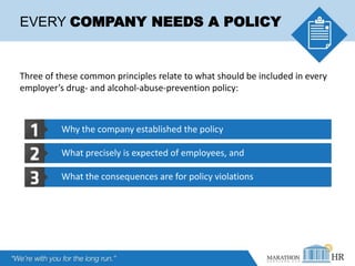EVERY COMPANY NEEDS A POLICY
Three of these common principles relate to what should be included in every
employer’s drug- ...