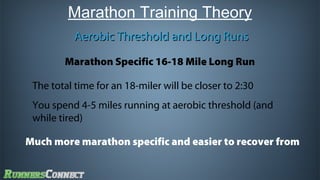 Marathon Training Theory
Aerobic Threshold and Long Runs
Marathon Specific 16-18 Mile Long Run
The total time for an 18-miler will be closer to 2:30
You spend 4-5 miles running at aerobic threshold (and
while tired)
Much more marathon specific and easier to recover from

 