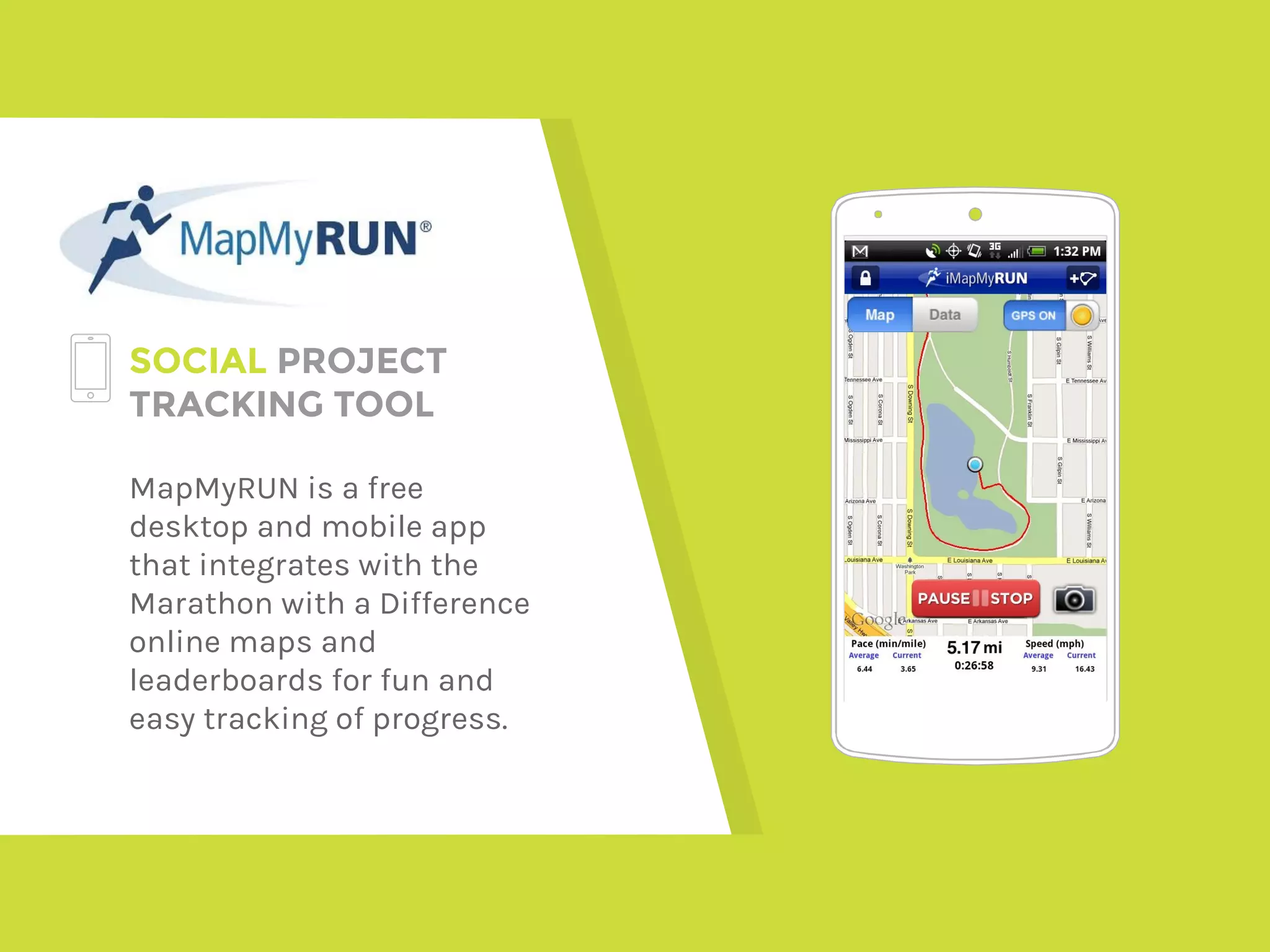 Place your screenshot
here
SOCIAL PROJECT
TRACKING TOOL
MapMyRUN is a free
desktop and mobile app
that integrates with the
Marathon with a Difference
online maps and
leaderboards for fun and
easy tracking of progress.
 