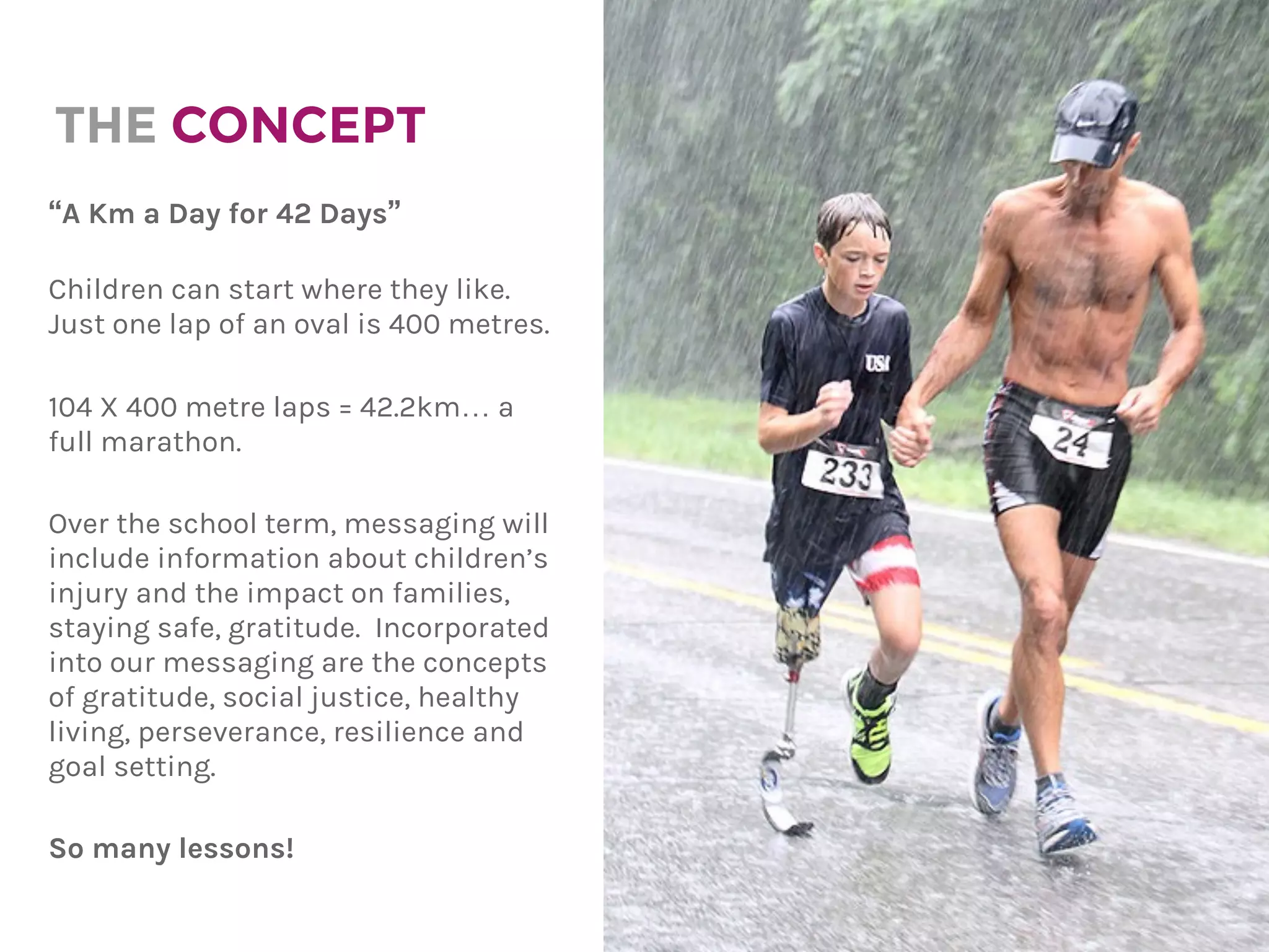 THE CONCEPT
“A Km a Day for 42 Days” 
Children can start where they like.
Just one lap of an oval is 400 metres.
104 X 400 metre laps = 42.2km… a
full marathon.
Over the school term, messaging will
include information about children’s
injury and the impact on families,
staying safe, gratitude. Incorporated
into our messaging are the concepts
of gratitude, social justice, healthy
living, perseverance, resilience and
goal setting.
So many lessons!
 