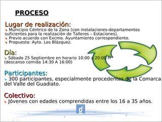 PROCESO
Lugar de realización:
 Municipio Céntrico de la Zona (con instalaciones-departamentos
suficientes para la realización de Talleres – Estaciones).
 Previo acuerdo con Excmo. Ayuntamiento correspondiente.
 Propuesta: Ayto. Los Blázquez.


Día:
 Sábado 25 Septiembre en horario 10:00 a 20:00 H
(descanso comida 14:30 A 16:00)

Participantes:
300 participantes, especialmente procedentes de la Comarca
del Valle del Guadiato.

Colectivo:
   Jóvenes con edades comprendidas entre los 16 a 35 años.
 