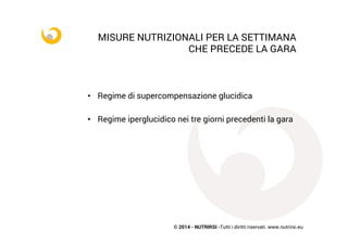 © 2014 - NUTRIRSI -Tutti i diritti riservati. www.nutrirsi.eu
	
  
	
  
	
  
•  Regime di supercompensazione glucidica
•  Regime iperglucidico nei tre giorni precedenti la gara
MISURE NUTRIZIONALI PER LA SETTIMANA
CHE PRECEDE LA GARA	
  
 