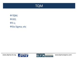 TQM
www.abpmp-br.org www.bpmcongress.com
TQM;
ISO;
5 s;
Six Sigma; etc
 