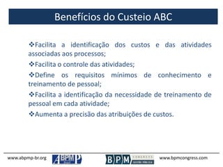 Benefícios do Custeio ABC
www.abpmp-br.org www.bpmcongress.com
Facilita a identificação dos custos e das atividades
associadas aos processos;
Facilita o controle das atividades;
Define os requisitos mínimos de conhecimento e
treinamento de pessoal;
Facilita a identificação da necessidade de treinamento de
pessoal em cada atividade;
Aumenta a precisão das atribuições de custos.
 