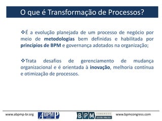 O que é Transformação de Processos?
www.abpmp-br.org www.bpmcongress.com
É a evolução planejada de um processo de negócio por
meio de metodologias bem definidas e habilitada por
princípios de BPM e governança adotados na organização;
Trata desafios de gerenciamento de mudança
organizacional e é orientada à inovação, melhoria contínua
e otimização de processos.
 