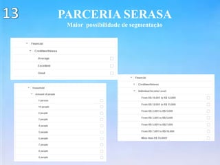 PARCERIA SERASA
Maior possibilidade de segmentação
 