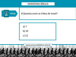 a) 7
b) 10
c) 12
8 Quantos eram as tribos de Israel?
MARATONA BÍBLICA
www.concursobiblico.com.br
 