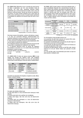 06) (ENEM 2008) Defende-se que a inclusão da carne bovina 
na dieta é importante, por ser uma excelente fonte de 
proteínas. Por outro lado, pesquisas apontam efeitos 
prejudiciais que a carne bovina traz à saúde, como o risco de 
doenças cardiovasculares. Devido aos teores de colesterol e 
de gordura, há quem decida substituí-la por outros tipos de 
carne, como a de f rango e a suína. O quadro abaixo apresenta 
a quantidade de colesterol em diversos tipos de carne crua e 
cozida. 
Com base nessas informações, avalie as af irmativas a seguir. 
I. O risco de ocorrerem doenças cardiovasculares por 
ingestões habituais da mesma quantidade de carne é menor se 
esta for carne branca de f rango do que se for toucinho. 
II. Uma porção de contraf ilé cru possui, aproximadamente, 50% 
de sua massa constituída de colesterol. 
III. A retirada da pele de uma porção cozida de carne escura de 
f rango altera a quantidade de colesterol a ser ingerida. 
IV. A pequena diferença entre os teores de colesterol 
encontrados no toucinho cru e no cozido indica que esse tipo 
de alimento é pobre em água. 
É correto apenas o que se af irma em: 
a) I e II. b) II e III. c) III e IV. d) II e IV. 
e) I e III. 
07) (ENEM 2008) O índice de massa corpórea (IMC) é uma 
medida que permite aos médicos fazer uma avaliação 
preliminar das condições f ísicas e do risco de uma pessoa 
desenvolver certas doenças, conforme mostra a tabela abaixo. 
Considere as seguintes informações a respeito de João, Maria, 
Cristina, Antônio e Sérgio. 
Os dados das tabelas indicam que 
a) João está obeso e o risco de desenvolver doenças é muito 
elevado. 
b) Cristina está dentro dos padrões de normalidade. 
c) Maria está magra, mas não corre risco de desenvolver 
doenças. 
d) Antônio está com sobrepeso e o risco de desenvolver 
doenças é muito elevado. 
e) Sérgio está com sobrepeso, mas não corre risco de 
desenvolver doenças. 
08) (ENEM 2007) A pele humana é sensível à radiação solar, e 
essa sensibilidade depende das características da pele. Os 
f iltros solares são produtos que podem ser aplicados sobre a 
pele para protegê-la da radiação solar. A ef icácia dos f iltros 
solares é def inida pelo fator de proteção solar (FPS), que 
indica quantas vezes o tempo de exposição ao sol, sem o risco 
de vermelhidão, pode ser aumentado com o uso do protetor 
solar. A tabela seguinte reúne informações encontradas em 
rótulos de f iltros solares. 
As informações acima permitem af irmar que: 
a) as pessoas de pele muito sensível, ao usarem f iltro solar, 
estarão isentas do risco de queimaduras. 
b) o período recomendado para que pessoas de pele negra se 
exponham ao sol é de 2 a 6 horas diária. 
c) as pessoas de pele sensível devem expor-se 6 minutos ao 
sol antes de aplicarem o f iltro solar. 
d) pessoas de pele amarela, usando ou não f iltro solar, devem 
expor-se ao sol por menos tempo que pessoas de pele 
morena. 
e) o uso de f iltro solar é recomendado para todos os tipos de 
pele exposta à radiação solar. 
