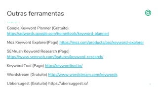organicadigital.com
Outras ferramentas
65
Google Keyword Planner (Gratuito)
https://adwords.google.com/home/tools/keyword-planner/
Moz Keyword Explorer(Pago) https://moz.com/products/pro/keyword-explorer
SEMrush Keyword Research (Pago)
https://www.semrush.com/features/keyword-research/
Keyword Tool (Pago) http://keywordtool.io/
Wordstream (Gratuito) http://www.wordstream.com/keywords
Ubbersugest (Gratuito) https://ubersuggest.io/
 