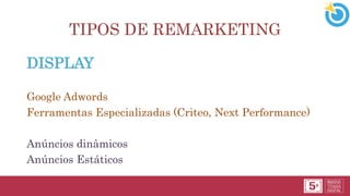 TIPOS DE REMARKETING
DISPLAY
Google Adwords
Ferramentas Especializadas (Criteo, Next Performance)
Anúncios dinâmicos
Anúncios Estáticos
 