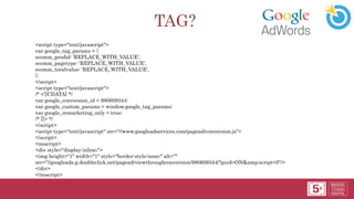 TAG?
<script type="text/javascript">
var google_tag_params = {
ecomm_prodid: 'REPLACE_WITH_VALUE',
ecomm_pagetype: 'REPLACE_WITH_VALUE',
ecomm_totalvalue: 'REPLACE_WITH_VALUE',
};
</script>
<script type="text/javascript">
/* <![CDATA[ */
var google_conversion_id = 980609344;
var google_custom_params = window.google_tag_params;
var google_remarketing_only = true;
/* ]]> */
</script>
<script type="text/javascript" src="//www.googleadservices.com/pagead/conversion.js">
</script>
<noscript>
<div style="display:inline;">
<img height="1" width="1" style="border-style:none;" alt=""
src="//googleads.g.doubleclick.net/pagead/viewthroughconversion/980609344/?guid=ON&amp;script=0"/>
</div>
</noscript>
 