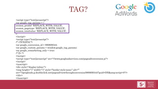 TAG?
<script type="text/javascript">
var google_tag_params = {
ecomm_prodid: 'REPLACE_WITH_VALUE',
ecomm_pagetype: 'REPLACE_WITH_VALUE',
ecomm_totalvalue: 'REPLACE_WITH_VALUE',
};
</script>
<script type="text/javascript">
/* <![CDATA[ */
var google_conversion_id = 980609344;
var google_custom_params = window.google_tag_params;
var google_remarketing_only = true;
/* ]]> */
</script>
<script type="text/javascript" src="//www.googleadservices.com/pagead/conversion.js">
</script>
<noscript>
<div style="display:inline;">
<img height="1" width="1" style="border-style:none;" alt=""
src="//googleads.g.doubleclick.net/pagead/viewthroughconversion/980609344/?guid=ON&amp;script=0"/>
</div>
</noscript>
 