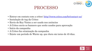 PROCESSO
• Entrar em contato com a criteo: http://www.criteo.com/br/contact-us/
• Instalação de tag da Criteo
• Envio do Key Vision a ser usado nos anúncios
• A Criteo envio os banners que serão usados para aprovação
• Início da campanha
• A Criteo faz otimização da campanha
• Existe um período de Warm up, que dura em torno de 45 dias.
 