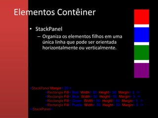 Elementos Contêiner
   • StackPanel
       – Organiza os elementos filhos em uma
         única linha que pode ser orientada
         horizontalmente ou verticalmente.




   <StackPanel Margin="20">
            <Rectangle Fill="Red" Width="50" Height="50" Margin="5" />
            <Rectangle Fill="Blue" Width="50" Height="50" Margin="5" />
            <Rectangle Fill="Green" Width="50" Height="50" Margin="5" />
            <Rectangle Fill="Purple" Width="50" Height="50" Margin="5" />
   </StackPanel>
 